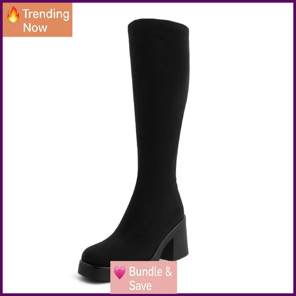 Knee High Platform Boots Chunky Heel Square Toe Side Zipper